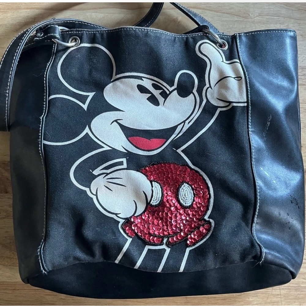 Vintage Disney Mickey Mouse Tote Bag Faux Leather Canvas Sequins W/ Small Pouch